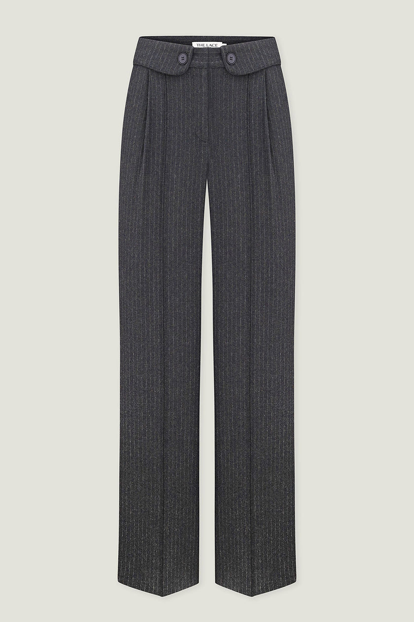 Woolen palazzo pants with a decorated belt in dark gray