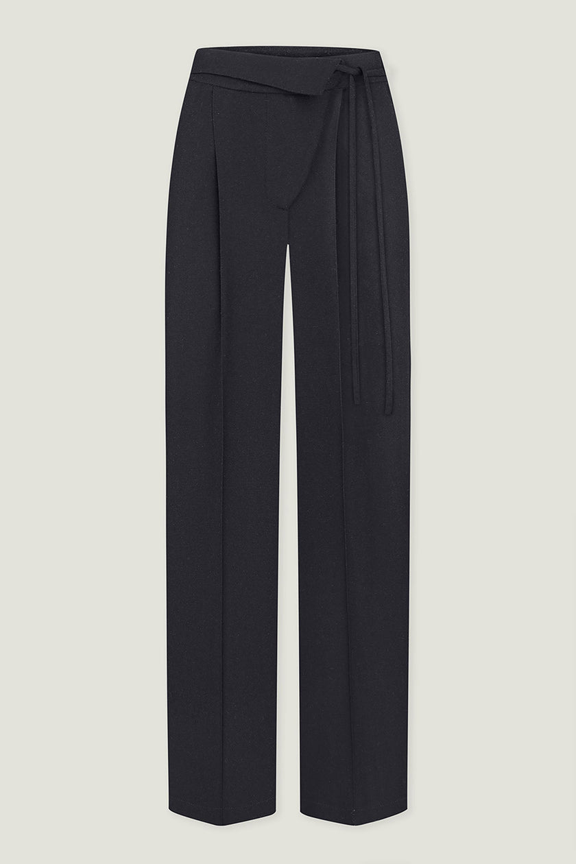 Woolen pants with a tie in black