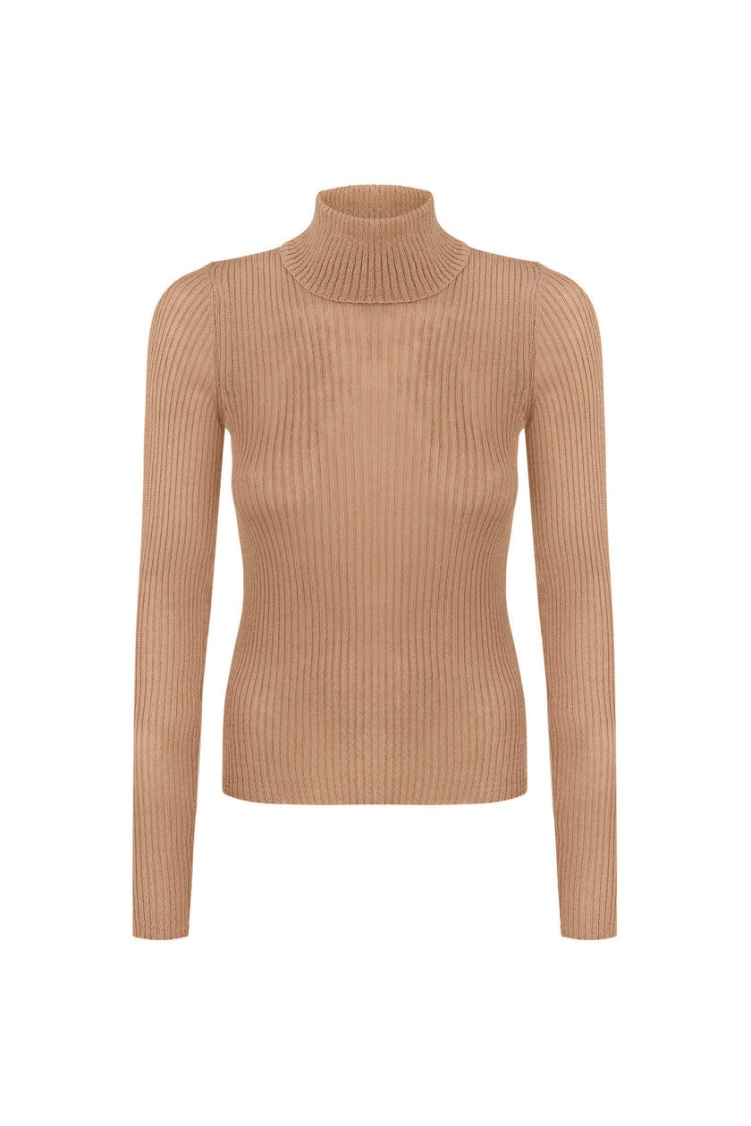Thin ribbed turtleneck sweater in nude/black/gray