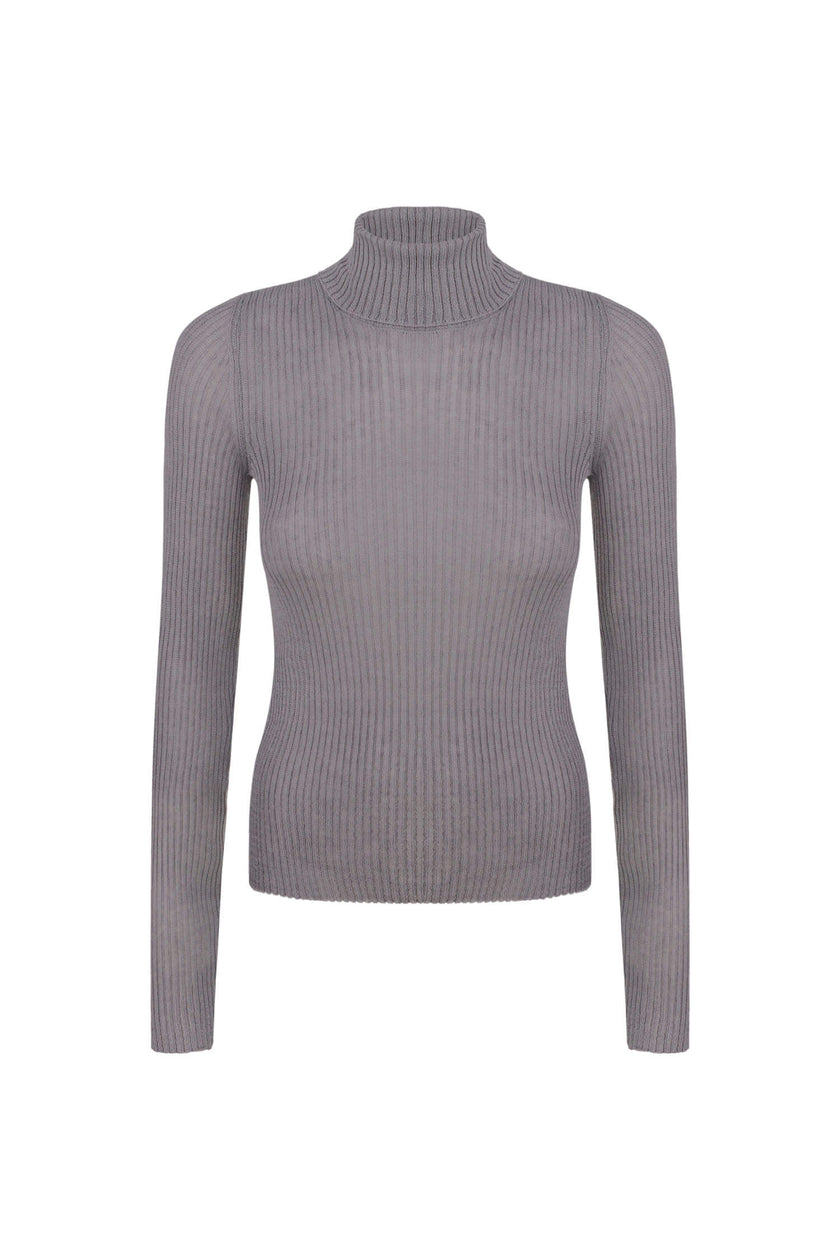 Thin ribbed turtleneck sweater in nude/black/gray