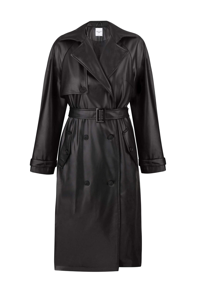 Faux leather oversized trenchcoat in chocolate/black