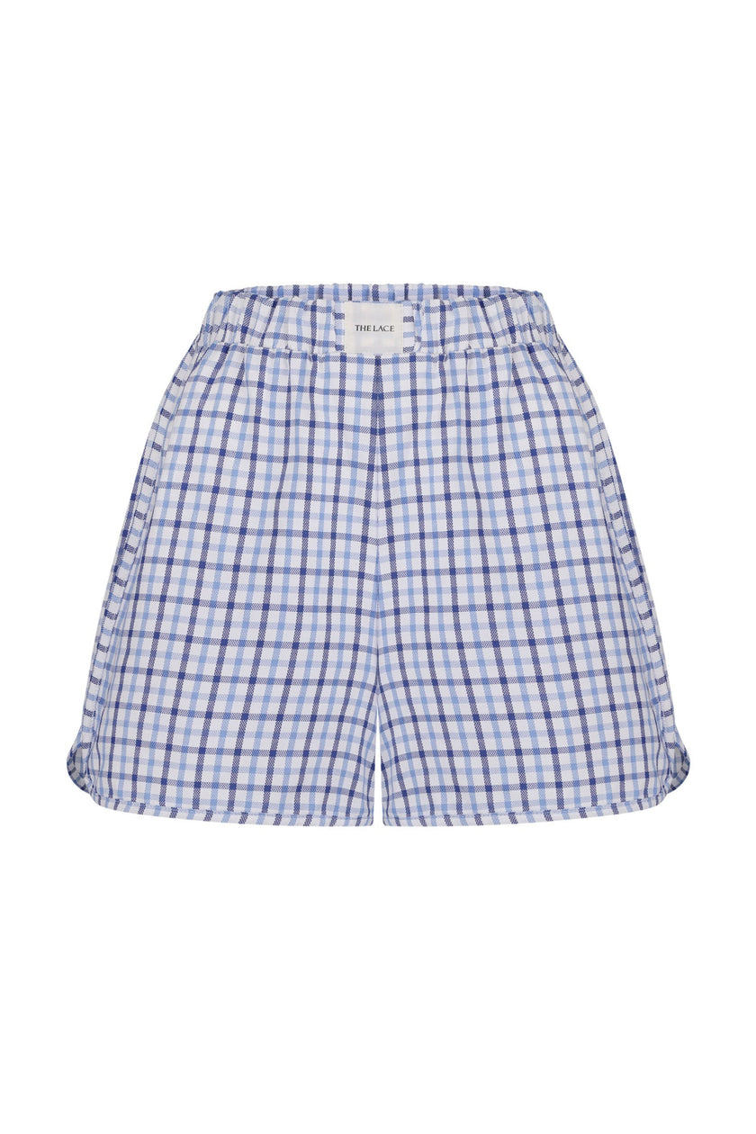 Oversized cotton shorts in blue check (eco)