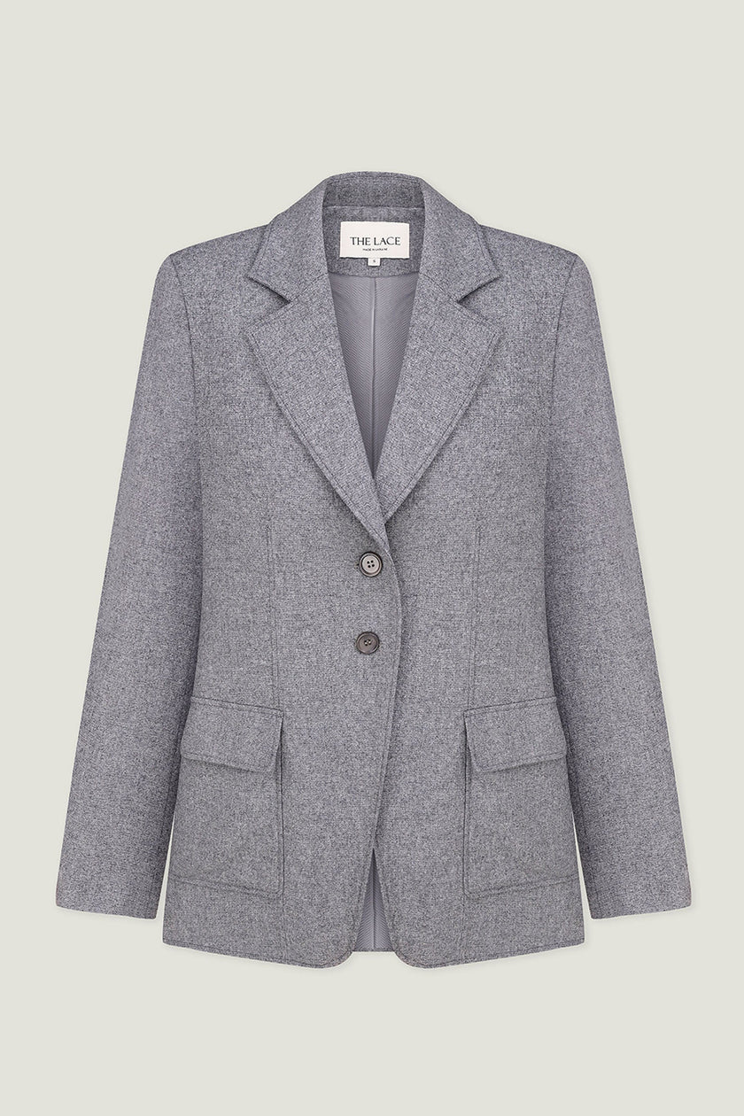 Single-breasted woolen jacket with a tie in gray