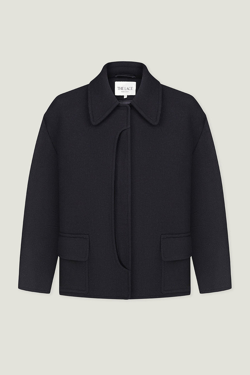 Black short wool coat with patch pockets