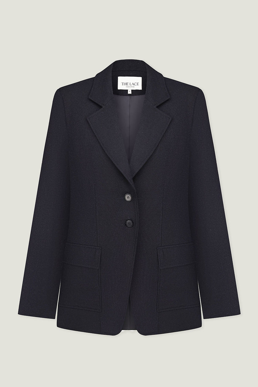 Single-breasted woolen jacket with a tie in gray