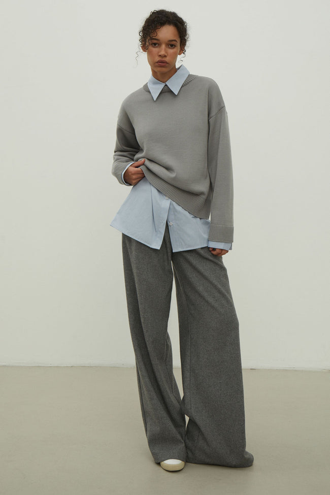 Gray merino wool round neck sweater