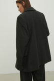 Double-breasted woolen jacket in a gray-green stripe