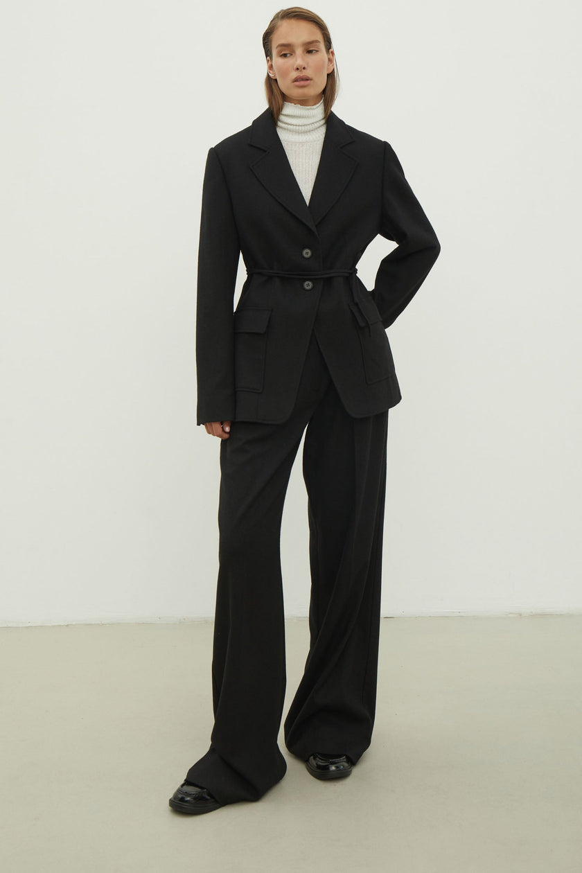 Low-rise woolen palazzo pants in black