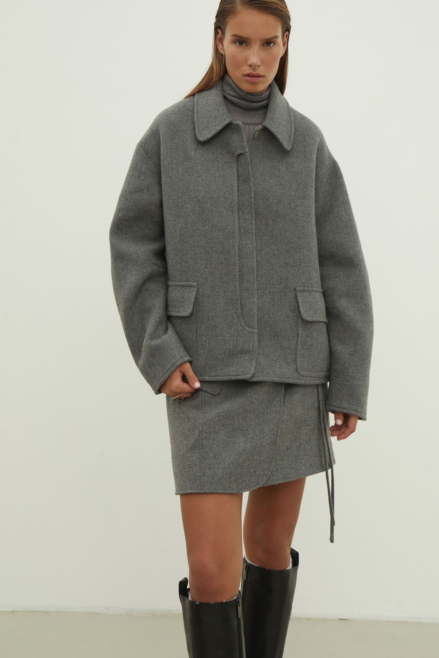 Black short wool coat with patch pockets