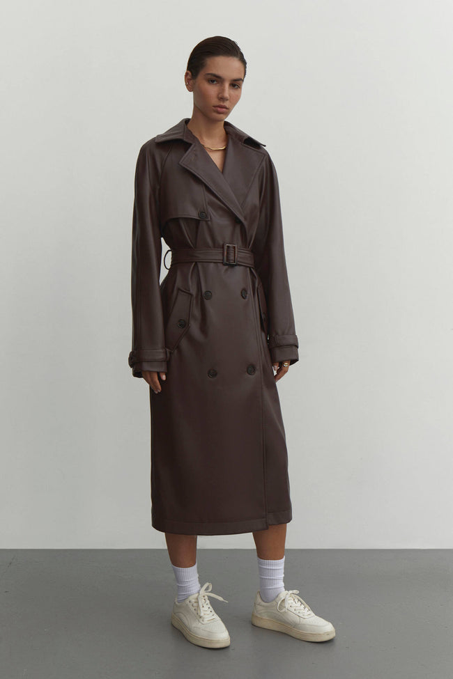 Faux leather oversized trenchcoat in chocolate/black