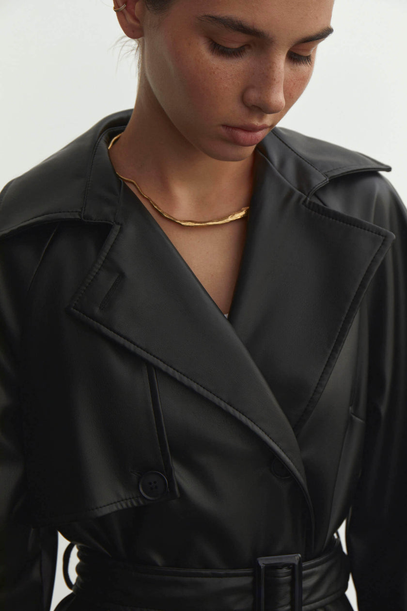 Faux leather oversized trenchcoat in chocolate/black